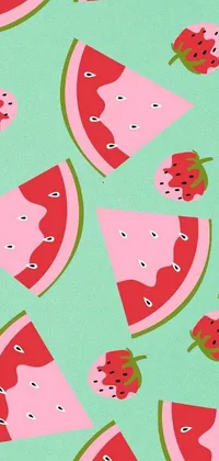 This phone live wallpaper showcases a digital art design of watermelon slices arranged on a green background