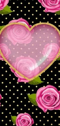 Add a charming touch to your phone screen with this live wallpaper featuring a lovely pink heart surrounded by delicate pink roses against a black background