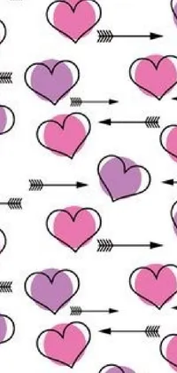 Brighten up your phone wallpaper with this playful and romantic Live Wallpaper featuring a repeating pattern of pink and purple hearts and arrows on a crisp white background