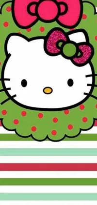 Looking for a cute and festive phone wallpaper? Check out this hello kitty Christmas wreath! Available as a live wallpaper for your iPhone, this digital rendering features a green striped background and a close-up of a wreath adorned with red and green ornaments
