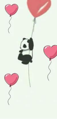 This adorable phone live wallpaper features a cartoon-like panda bear holding onto a heart-shaped balloon against a cloudy background