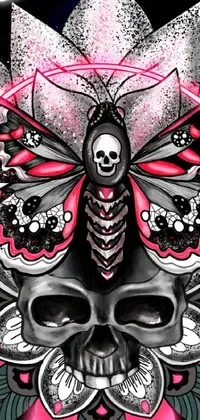 This phone live wallpaper features a captivating digital drawing of a skull adorned with a butterfly on top