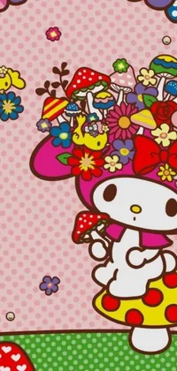 This stunning phone live wallpaper showcases an adorable Hello Kitty figure donning a splendid floral headdress