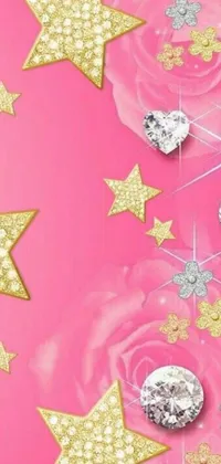 This stunning phone live wallpaper boasts a beautiful pink background adorned with gold stars and roses