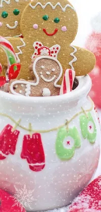Introducing a charming "Festive Cookies" live wallpaper for your phone! This delightful design features a close-up view of a pot filled with delicious cookies on a festive table