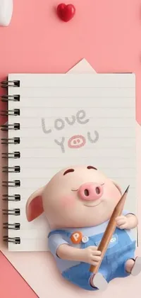 This phone live wallpaper features a charming 3D cartoon-style design with a hand-drawn image of a pig holding a pencil