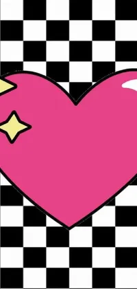 This phone live wallpaper features a heart with a cute crown design on a playful checkered background