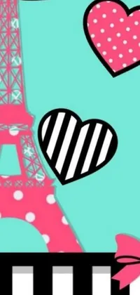This phone live wallpaper showcases the Eiffel Tower, surrounded by beautiful teal and pink hearts