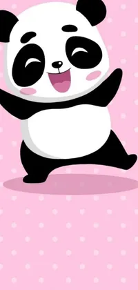 This phone live wallpaper features a playful vector art panda on a pink background