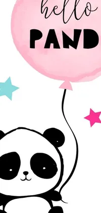 This live wallpaper for phones features a charming sōsaku hanga depicting an endearing panda bear holding a pink "hello panda" balloon against a starry night background
