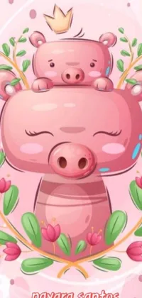This live phone wallpaper boasts a delightful image of two pigs sitting on top of each other surrounded by pink flowers