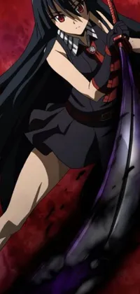 This striking phone live wallpaper showcases a mysterious woman with raven locks gripping a sharp knife