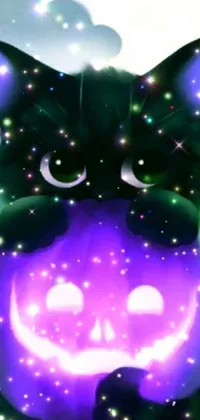 This Halloween-themed live wallpaper features digital art of a black cat sitting on a purple ball with a glowing rainbow face