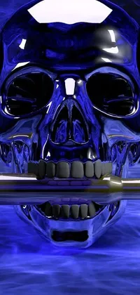 This phone wallpaper showcases a vivid digital rendering of a skull with a bullet emerging from its mouth