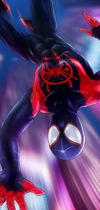 This live wallpaper features Spider-Man in action, flying through the air in a bold black and red suit