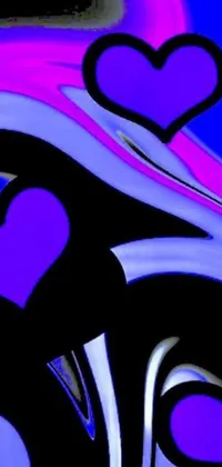 This abstract phone wallpaper showcases a stunning digital painting featuring purple and blue flowing curves with scattered heart shapes against a black and blue background