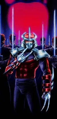 This phone live wallpaper depicts a group of people standing in front of a red apple, surrounded by a neon cityscape and armored young Jedi army in the background