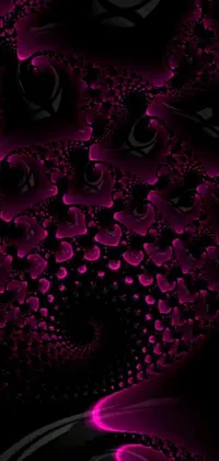 This live phone wallpaper features intricate digital art of a close-up purple flower on a black background, inspired by fractal geometry