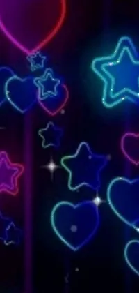This live phone wallpaper features neon hearts and stars on a black background with a holographic effect