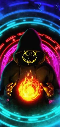 This live wallpaper features a hooded figure wielding a glowing orb amidst a deep, pyro-colored digital art scene