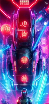 This phone live wallpaper showcases a cyberpunk man standing by a futuristic vehicle with a red and cyan color scheme