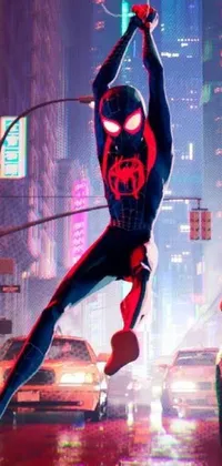 This phone live wallpaper depicts an exciting scene from Spider-Man into the Spider-Verse