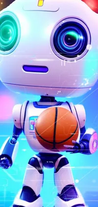 This phone wallpaper features a realistic 3D rendering of a lovable robot holding a basketball