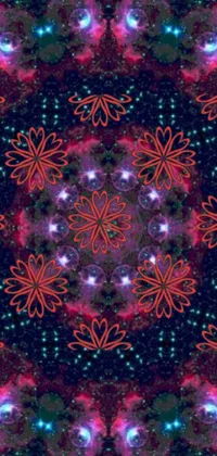 This kaleidoscopic live wallpaper features a psychedelic, digital rendering of purple and red flowers in a kaleidoscopic pattern