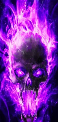 This smartphone wallpaper features a stunning purple fire skull set against a striking black background