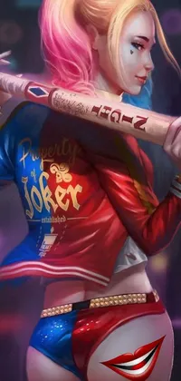 This phone live wallpaper features a woman in a striking costume holding a baseball bat
