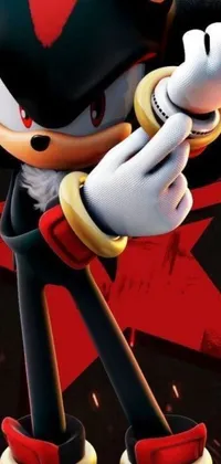 Looking for a fast-paced and trendy phone wallpaper? Check out this Sonic the Hedgehog live wallpaper featuring the iconic blue hedgehog in a black and red suit with Mickey Mouse ears on top of his head