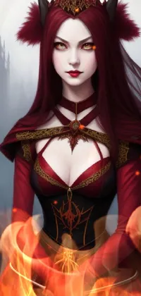 This phone live wallpaper showcases a captivating character portrait of a woman in a red dress with a crown on her head against a gothic background