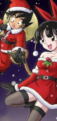 This phone live wallpaper features two animated characters dressed in Santa Claus costumes