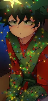 This live wallpaper depicts a festive holiday scene featuring a young man seated in front of a beautifully decorated Christmas tree