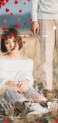 This live wallpaper depicts a woman enjoying nature in a field next to a man