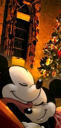 This Christmas-themed phone wallpaper features an endearing Mickey Mouse resting on a cozy couch, adorned by a brightly lit festive tree