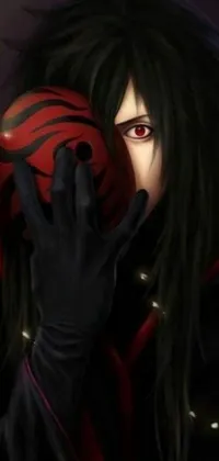 This stunning phone live wallpaper features a mysterious figure with long hair and striking red eyes