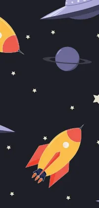 This phone live wallpaper features a stunning display of rockets flying through the night sky in vector art style