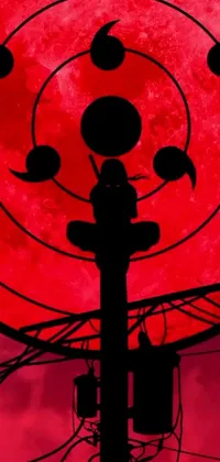 This captivating phone wallpaper depicts a telephone pole against a red full moon, surrounded by ominous symbols and anime screencaps