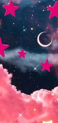 This phone live wallpaper features pink stars and a crescent moon in a digital art style