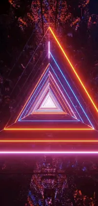 This phone live wallpaper features a futuristic forest scene at night with a vibrant neon triangle in the center