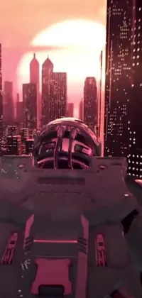 This phone live wallpaper features a stylish, futuristic spaceship soaring above a bustling city at sunset