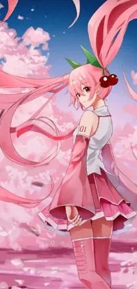 This phone live wallpaper features a lovely anime girl with long, pink hair and a pink dress adorned with falling cherry blossom petals