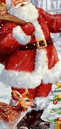 This festive live phone wallpaper showcases a beautifully painted image of Santa Claus, capturing every intricate detail of the cheerful holiday figure