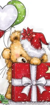 This phone live wallpaper depicts an adorable teddy bear with balloons and a gift, wearing a Santa hat