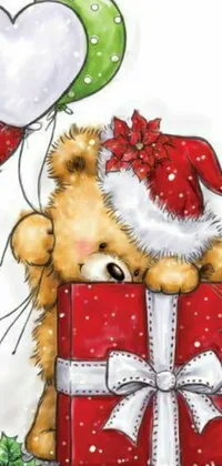 This adorable phone live wallpaper features a smiling teddy bear dressed in a Santa hat as it holds a beautifully wrapped box