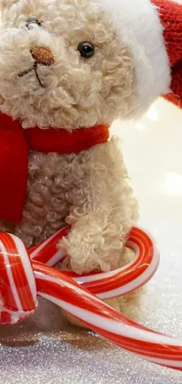 This animated phone wallpaper displays an endearing teddy bear adorned in a red scarf, situated atop a lively candy cane