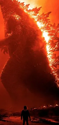 This stunning phone live wallpaper depicts a man facing off against a towering Godzilla in a digital art rendering