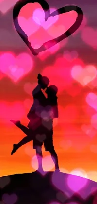 This phone live wallpaper features a romantic couple standing atop a building in a shapes background