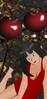 This red dress woman phone wallpaper features an alluring digital art image of a lady laying on a tree amidst poison apples and Betty Boop